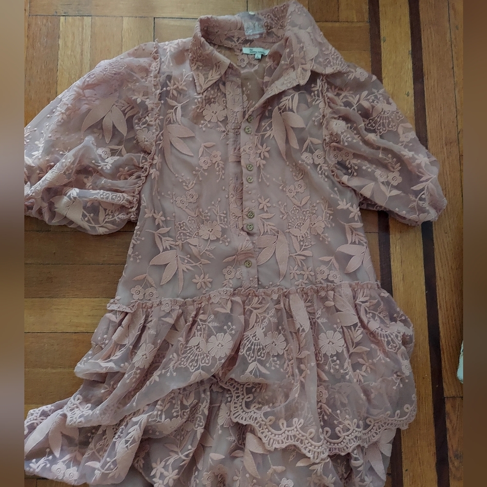Lace Floral Dress with Puff Sleeves JESSAKAE size L Pink